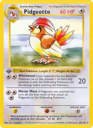 Pidgeotto 022/102 - 1st Edition Base Set Shadowless - Rare
