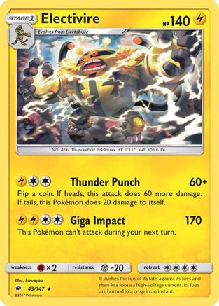 Electivire 043/147 - Reverse Holofoil SM Burning Shadows - Rare