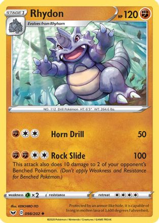 Rhydon 098/202 - Reverse Holofoil SWSH01 Sword & Shield Base Set - Uncommon