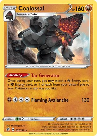 Coalossal 107/192 - Reverse Holofoil SWSH02 Rebel Clash - Holo Rare