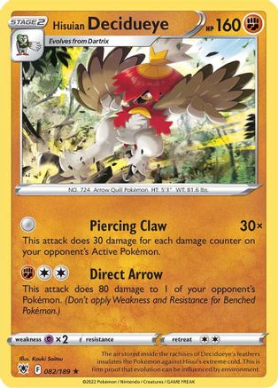 Hisuian Decidueye 082/189 - Reverse Holofoil SWSH10 Astral Radiance - Holo Rare