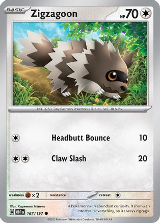 Zigzagoon 167/197 - Reverse Holofoil SV03 Obsidian Flames - Common