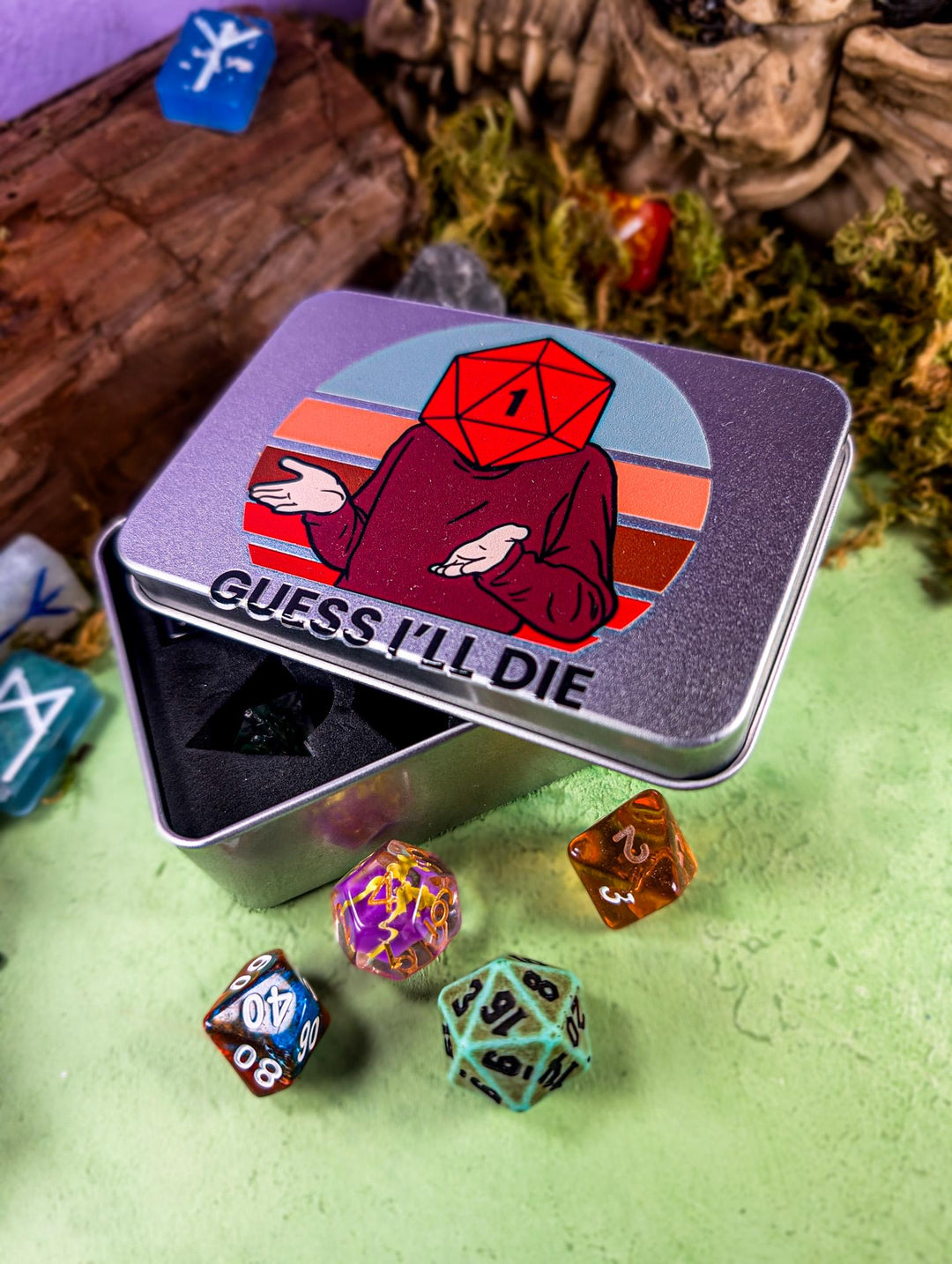 Guess I'll Die Tin - Mystery Dice Set & Storage Case for the Cursed Rollers