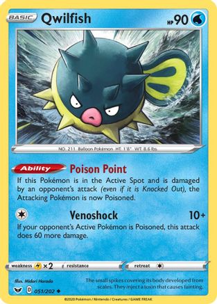 Qwilfish 051/202  - Reverse Holofoil SWSH01 Sword & Shield Base Set - Uncommon