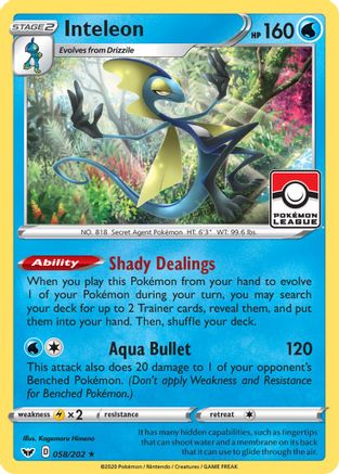 Inteleon 058/202  - Reverse Holofoil League & Championship Cards - Promo
