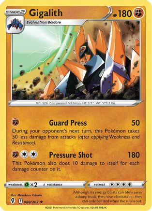 Gigalith 088/203  - Reverse Holofoil SWSH07 Evolving Skies - Rare