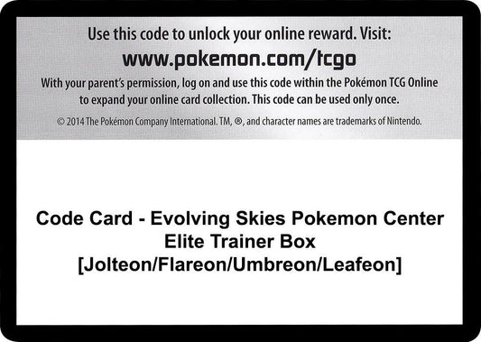 Code Card - Evolving Skies Pokemon Center Elite Trainer Box [Jolteon/Flareon/Umbreon/Leafeon] [SWSH07: Evolving Skies]