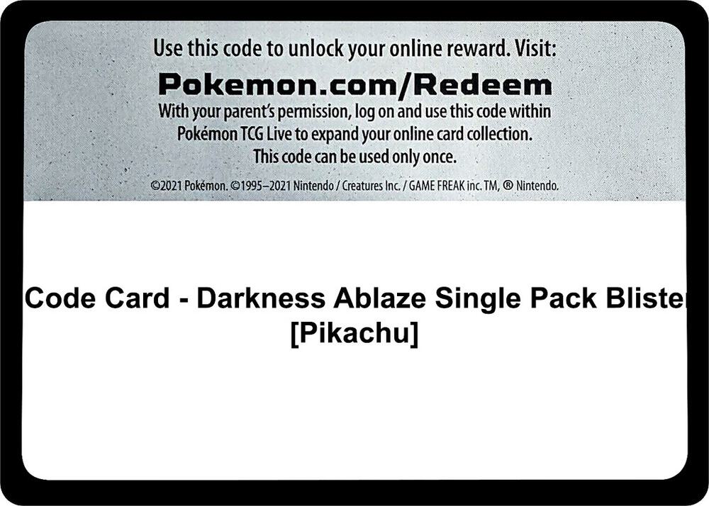 Code Card - Darkness Ablaze Single Pack Blister [Pikachu] [SWSH03: Darkness Ablaze]