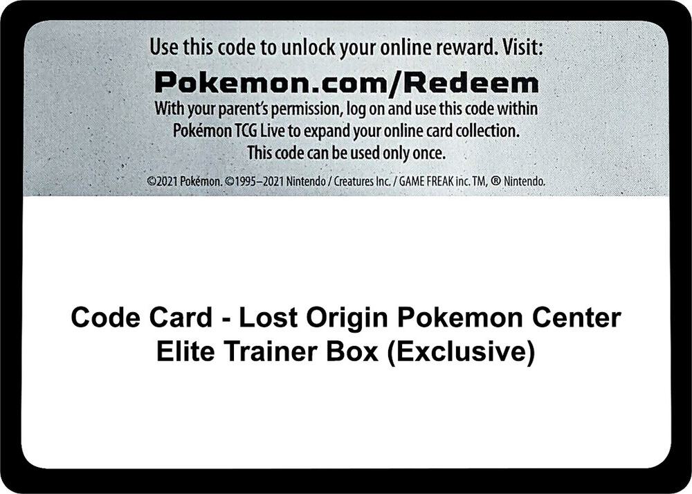 Code Card - Lost Origin Pokemon Center Elite Trainer Box (Exclusive) [SWSH11: Lost Origin]
