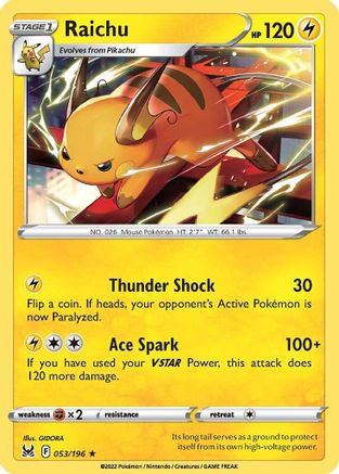 Raichu 053/196  - Reverse Holofoil SWSH11 Lost Origin - Rare