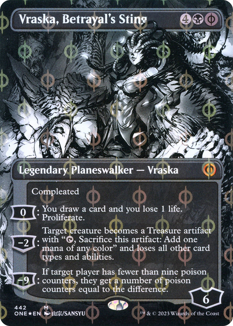 Vraska, Betrayal's Sting (Borderless) (Step-and-Compleat Foil) (ONE-442) - Phyrexia: All Will Be One: (Showcase) (Borderless) Foil