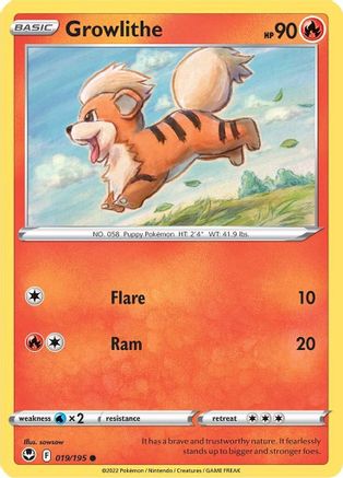 Growlithe 019/195  - Reverse Holofoil SWSH12 Silver Tempest - Common