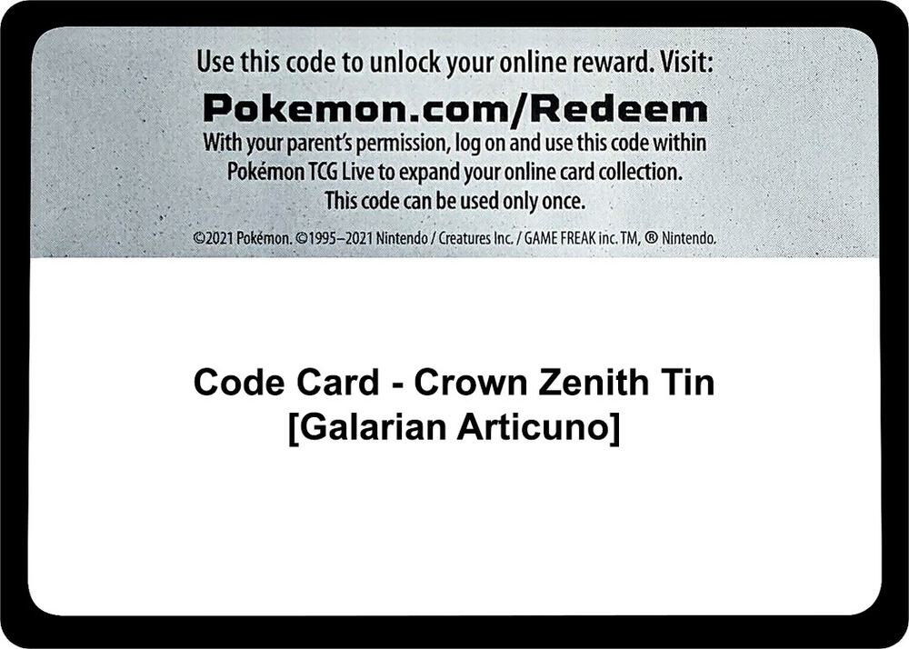 Code Card - Crown Zenith Tin [Galarian Articuno] [SWSH: Crown Zenith]