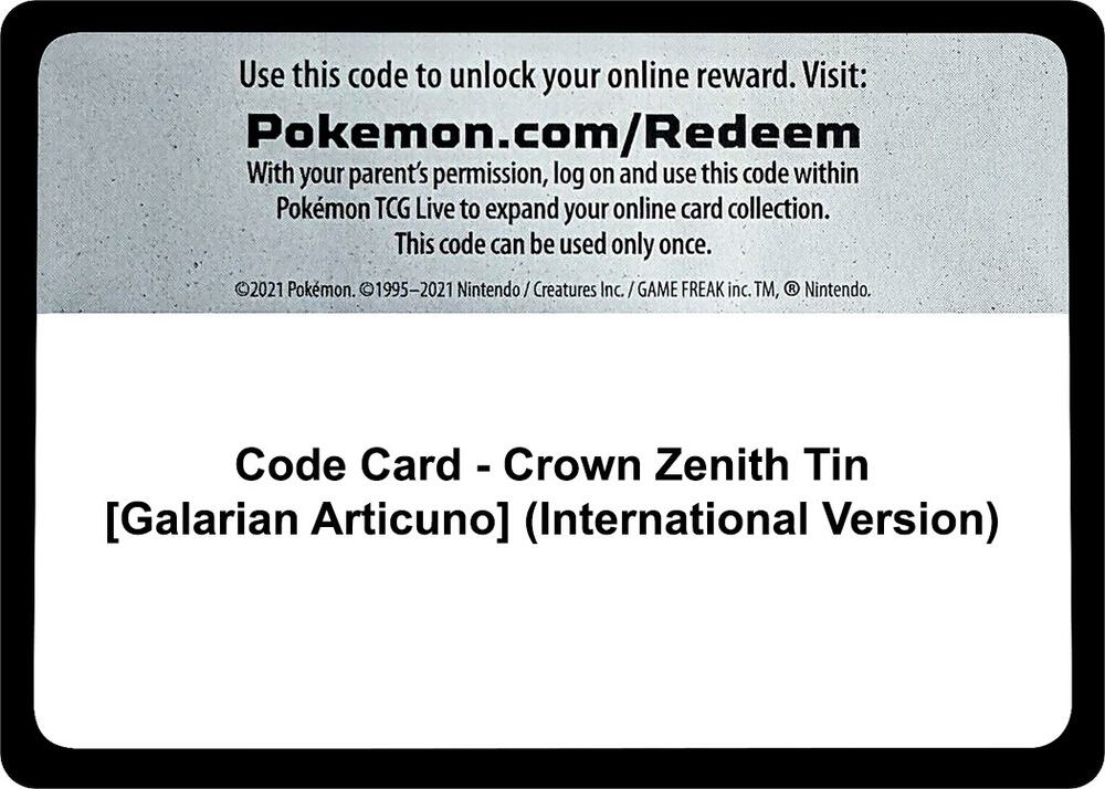 Code Card - Crown Zenith Tin [Galarian Articuno] (International Version) [SWSH: Crown Zenith]