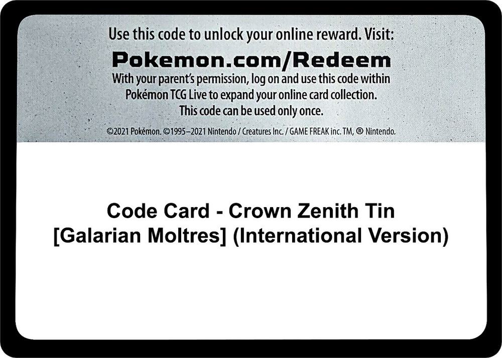 Code Card - Crown Zenith Tin [Galarian Moltres] (International Version) [SWSH: Crown Zenith]