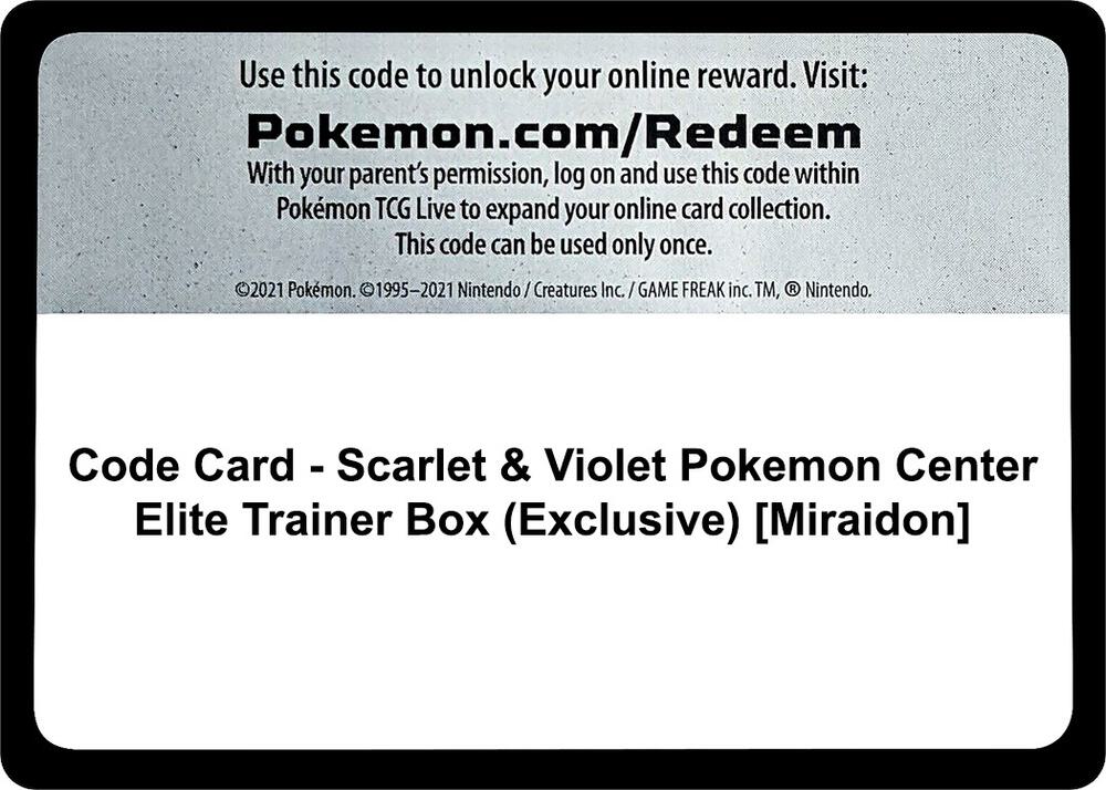 Code Card - Scarlet & Violet Pokemon Center Elite Trainer Box (Exclusive) [Miraidon] [SV01: Scarlet & Violet Base Set]