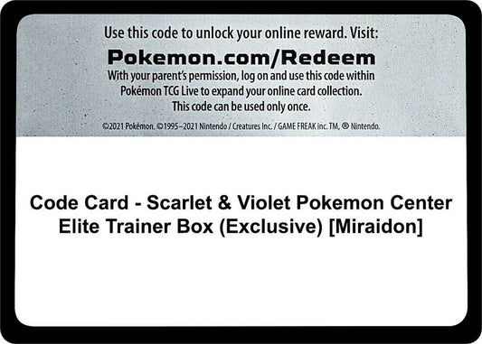 Code Card - Scarlet & Violet Pokemon Center Elite Trainer Box (Exclusive) [Miraidon] [SV01: Scarlet & Violet Base Set]