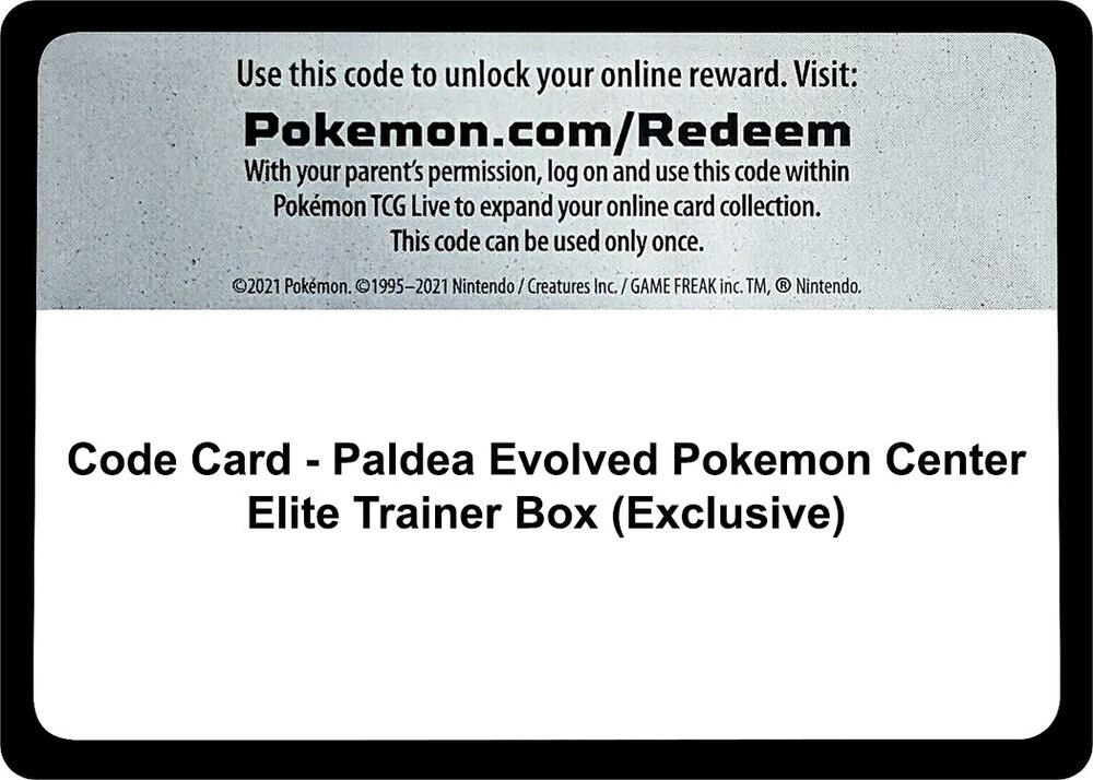 Code Card - Paldea Evolved Pokemon Center Elite Trainer Box (Exclusive) [SV02: Paldea Evolved]