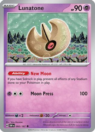 Lunatone 092/197  - Reverse Holofoil SV03 Obsidian Flames - Uncommon