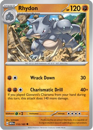 Rhydon 112/165  - Reverse Holofoil SV Scarlet & Violet 151 - Uncommon