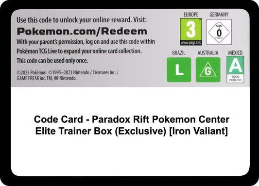 Code Card - Paradox Rift Pokemon Center Elite Trainer Box (Exclusive) [Iron Valiant] [SV04: Paradox Rift]