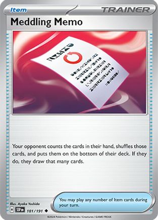 Meddling Memo 181/191  - Reverse Holofoil SV08 Surging Sparks - Uncommon