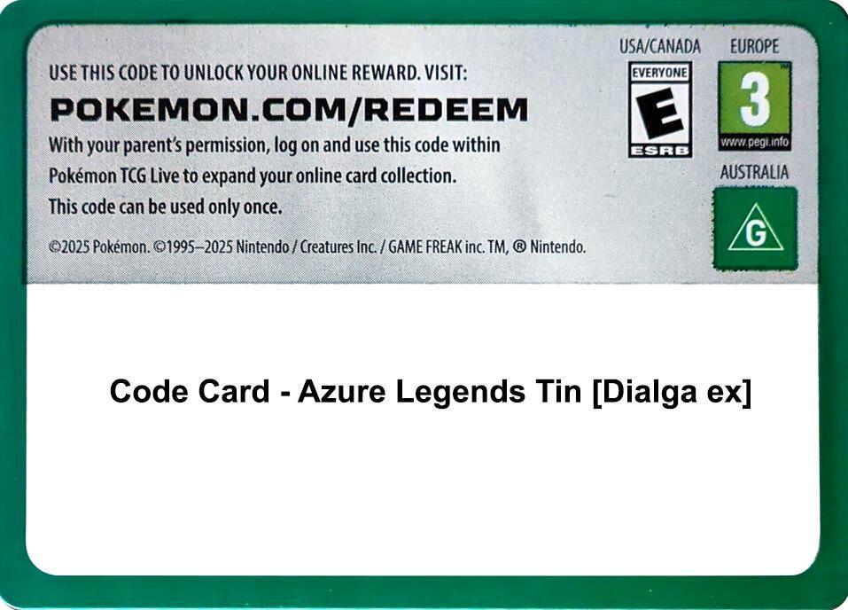 Code Card - Azure Legends Tin [Dialga ex] [Miscellaneous Cards & Products]