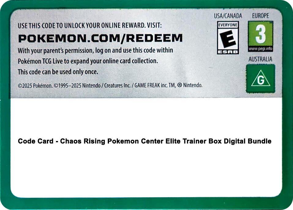 Code Card - Chaos Rising Pokemon Center Elite Trainer Box Digital Bundle [ME04: Chaos Rising]