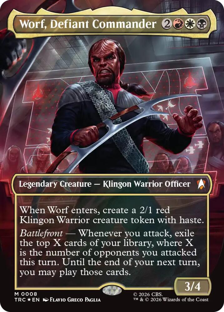Worf, Defiant Commander (Borderless) (Surge Foil) (8) [Commander: Star Trek]