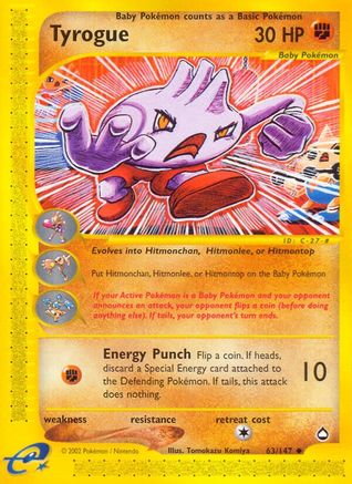 Tyrogue 063  - Reverse Holofoil Aquapolis - Uncommon